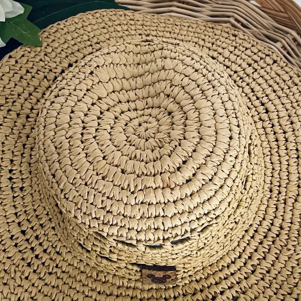 Disney Parks Mickey Mouse Woven Straw Floppy Hat Carved Wood Mickey Mouse summer